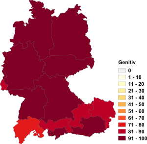 Relative Auftretenshäufigkeit des Genitivs bei bezüglich, dank, entlang, inklusive, mittels, statt, trotz, während und wegen innerhalb der einzelnen Areale im Verhältnis zum Dativ (in %)