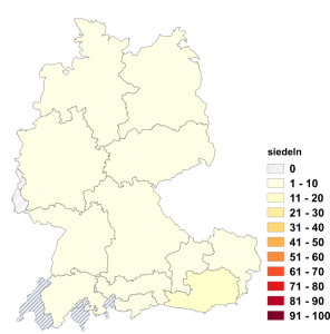 Relative Auftretenshäufigkeit von siedeln innerhalb der einzelnen Areale im Verhältnis zu übersiedeln (in %)