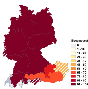 Relative Auftretenshäufigkeit von Siegerpodest innerhalb der einzelnen Areale im Verhältnis zu Siegespodest (in %)