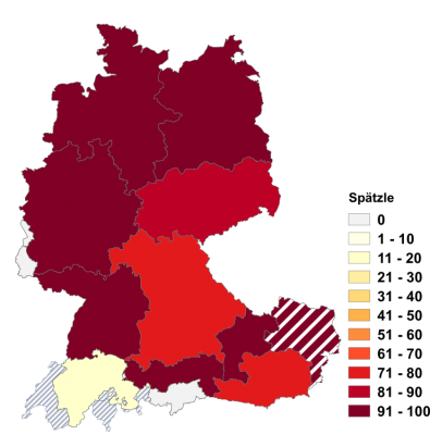 Relative Auftretenshäufigkeit von Spätzle innerhalb der einzelnen Areale im Verhältnis zu Spätzli und Spatzen (in %)