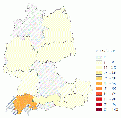 Relative Auftretenshäufigkeit von verunfallen innerhalb der einzelnen Areale im Verhältnis zum Gesamtvorkommen in allen Arealen (in %)
