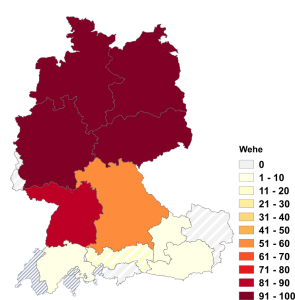 Relative Auftretenshäufigkeit von Wehe innerhalb der einzelnen Areale im Verhältnis zu Wächte, Wechte (in %)