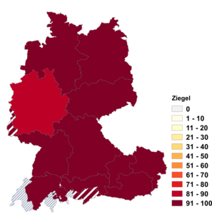 Relative Auftretenshäufigkeit von Ziegel innerhalb der einzelnen Areale im Verhältnis zu Ziegeln (in %)