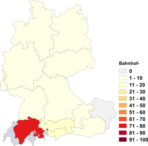 Relative Auftretenshäufigkeit von Bahnhof- innerhalb der einzelnen Areale im Verhältnis zu Bahnhofs- (in %)