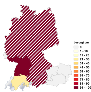 Relative Auftretenshäufigkeit von besorgt um innerhalb der einzelnen Areale im Verhältnis zu besorgt für (in %)