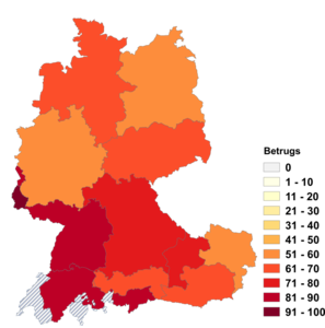 Relative Auftretenshäufigkeit von Betrugs innerhalb der einzelnen Areale im Verhältnis zu Betruges (in %)