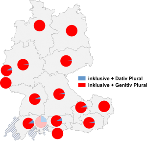 Relative Auftretenshäufigkeit von inklusive + Dativ Plural / inklusive + Genitiv Plural innerhalb der einzelnen Areale