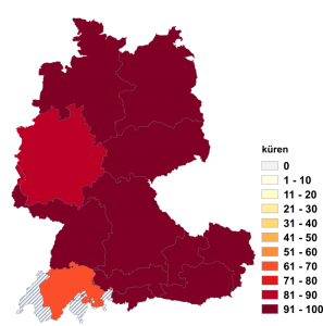 Relative Auftretenshäufigkeit von küren innerhalb der einzelnen Areale im Verhältnis zu erküren (in %)