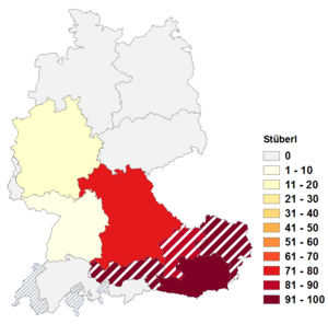 Relative Auftretenshäufigkeit von Stüberl innerhalb der einzelnen Areale im Verhältnis zu Stübchen, Stüble und Stübli (in %)