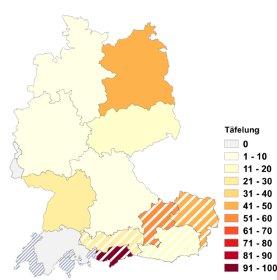 Relative Auftretenshäufigkeit von Täfelung innerhalb der einzelnen Areale im Verhältnis zu Täfer und Vertäfelung (in %)