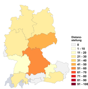 Relative Auftretenshäufigkeit von Distanzstellung innerhalb der einzelnen Areale im Verhältnis zu Kontaktstellung (in %)