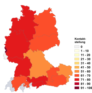 Relative Auftretenshäufigkeit von Kontaktstellung innerhalb der einzelnen Areale im Verhältnis zu Distanzstellung (in %)