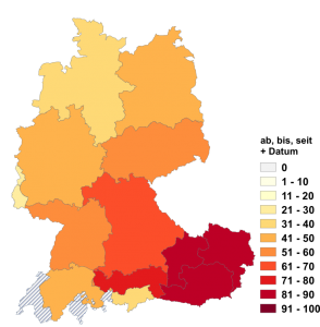 Relative Auftretenshäufigkeit von ab, bis, seit + Datum innerhalb der einzelnen Areale im Verhältnis zu ab, bis, seit am / dem / zum + Datum (in %)