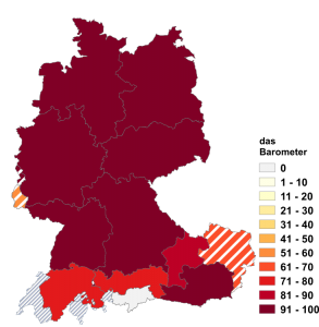 Relative Auftretenshäufigkeit von das Barometer innerhalb der einzelnen Areale im Verhältnis zu der Barometer (in %)
