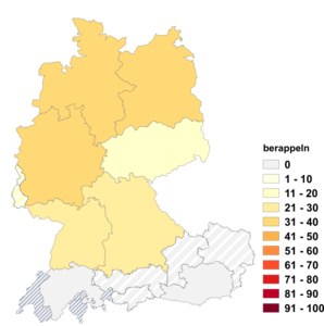 Relative Auftretenshäufigkeit von berappeln innerhalb der einzelnen Areale im Verhältnis zu aufrappeln (in %)