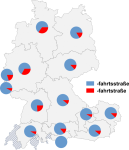 Relative Auftretenshäufigkeit von -fahrtsstraße / -fahrtstraße innerhalb der einzelnen Areale