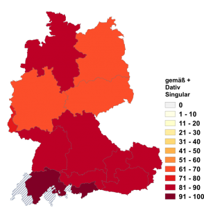 Relative Auftretenshäufigkeit von gemäß + Dativ Singular innerhalb der einzelnen Areale im Verhältnis zu gemäß + Genitiv Singular (in %)