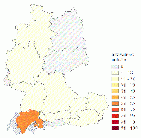 Relative Auftretenshäufigkeit von attributivem initiativ innerhalb der einzelnen Areale im Verhältnis zum Gesamtvorkommen in allen Arealen (in %)