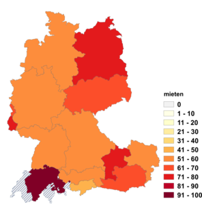 Relative Auftretenshäufigkeit von mieten innerhalb der einzelnen Areale im Verhältnis zu anmieten (in %)