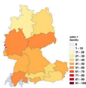 Relative Auftretenshäufigkeit von nahe + Genitiv innerhalb der einzelnen Areale im Verhältnis zu nahe + Dativ (in %)