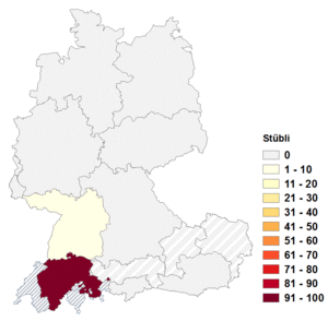 Relative Auftretenshäufigkeit von Stübli innerhalb der einzelnen Areale im Verhältnis zu Stübchen, Stüberl und Stüble (in %)
