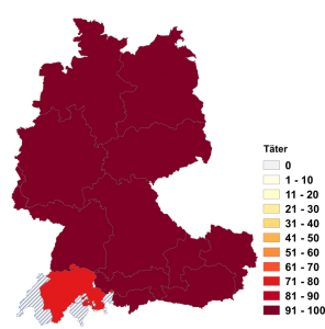 Relative Auftretenshäufigkeit von Täter innerhalb der einzelnen Areale im Verhältnis zu Täterschaft (in %)