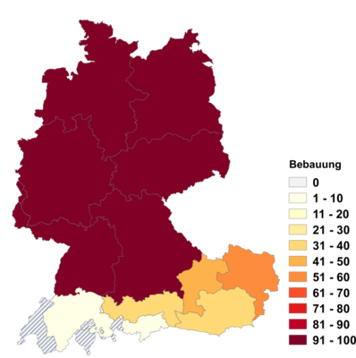 Relative Auftretenshäufigkeit von Bebauung innerhalb der einzelnen Areale im Verhältnis zu Überbauung und Verbauung (in %)