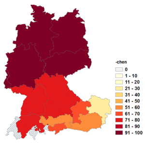 Relative Auftretenshäufigkeit von -chen innerhalb der einzelnen Areale im Verhältnis zu -erl, -le, -lein und -li (in %)
