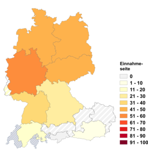 Relative Auftretenshäufigkeit von Einnahmeseite innerhalb der einzelnen Areale im Verhältnis zu Einnahmenseite (in %)