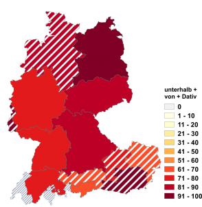 Relative Auftretenshäufigkeit von unterhalb + von + Dativ innerhalb der einzelnen Areale im Verhältnis zu unterhalb + Genitiv (in %)