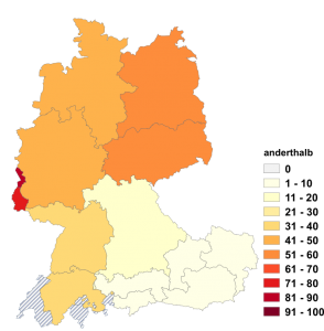 Relative Auftretenshäufigkeit von anderthalb innerhalb der einzelnen Areale im Verhältnis zu eineinhalb (in %)