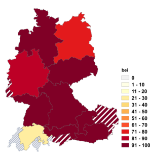 Relative Auftretenshäufigkeit von anfragen bei innerhalb der einzelnen Areale im Verhältnis zu anfragen mit Akkusativobjekt (in %)