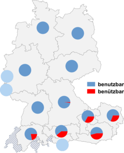 Relative Auftretenshäufigkeit von benutzbar / benützbar innerhalb der einzelnen Areale
