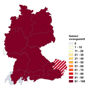 Relative Auftretenshäufigkeit von flektiert vorangestellt innerhalb der einzelnen Areale im Verhältnis zu unflektiert nachgestellt (in %)