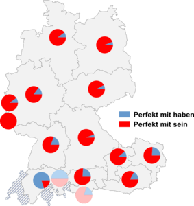 Relative Auftretenshäufigkeit von Perfekt mit haben / Perfekt mit sein innerhalb der einzelnen Areale
