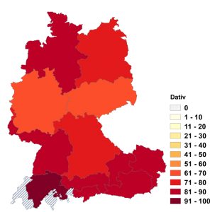 Relative Auftretenshäufigkeit des Dativs bei entgegen, gemäß, mitsamt, nahe und samt innerhalb der einzelnen Areale im Verhältnis zum Genitiv (in %)