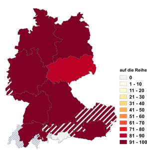 Relative Auftretenshäufigkeit von auf die Reihe innerhalb der einzelnen Areale im Verhältnis zu in die Reihe (in %)