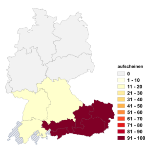 Relative Auftretenshäufigkeit von aufscheinen innerhalb der einzelnen Areale im Verhältnis zu erscheinen (in %)