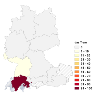 Relative Auftretenshäufigkeit von das Tram innerhalb der einzelnen Areale im Verhältnis zu die Tram (in %)