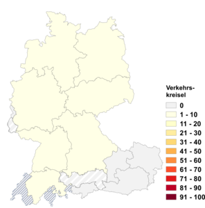 Relative Auftretenshäufigkeit von Verkehrskreisel innerhalb der einzelnen Areale im Verhältnis zu Kreisel (in %)