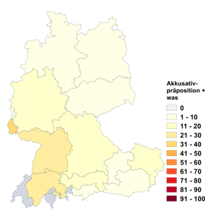 Relative Auftretenshäufigkeit von Akkusativpräposition + was innerhalb der einzelnen Areale im Verhältnis zu wo- + Akkusativpräposition (in %)