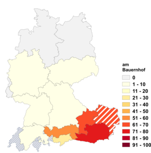 Relative Auftretenshäufigkeit von am Bauernhof innerhalb der einzelnen Areale im Verhältnis zu auf dem Bauernhof (in %)