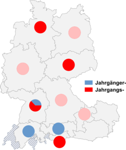 Relative Auftretenshäufigkeit von Jahrgänger- / Jahrgangs- innerhalb der einzelnen Areale