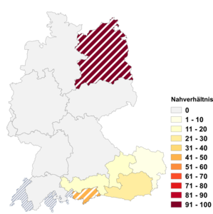 Relative Auftretenshäufigkeit von Nahverhältnis innerhalb der einzelnen Areale im Verhältnis zu Naheverhältnis (in %)