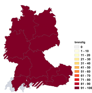 Relative Auftretenshäufigkeit von brenzlig innerhalb der einzelnen Areale im Verhältnis zu brenzlich (in %)