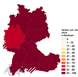 Relative Auftretenshäufigkeit von Verben auf -eln ohne e-Apokope innerhalb der einzelnen Areale im Verhältnis zu Verben auf -eln mit e-Apokope (in %)