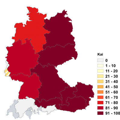 Relative Auftretenshäufigkeit von Kai innerhalb der einzelnen Areale im Verhältnis zu Kaje und Quai (in %)
