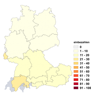 Relative Auftretenshäufigkeit von einbezahlen innerhalb der einzelnen Areale im Verhältnis zu einzahlen (in %)