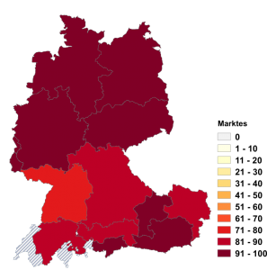 Relative Auftretenshäufigkeit von Marktes innerhalb der einzelnen Areale im Verhältnis zu Markts (in %)