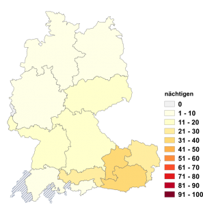 Relative Auftretenshäufigkeit von nächtigen innerhalb der einzelnen Areale im Verhältnis zu übernachten (in %)